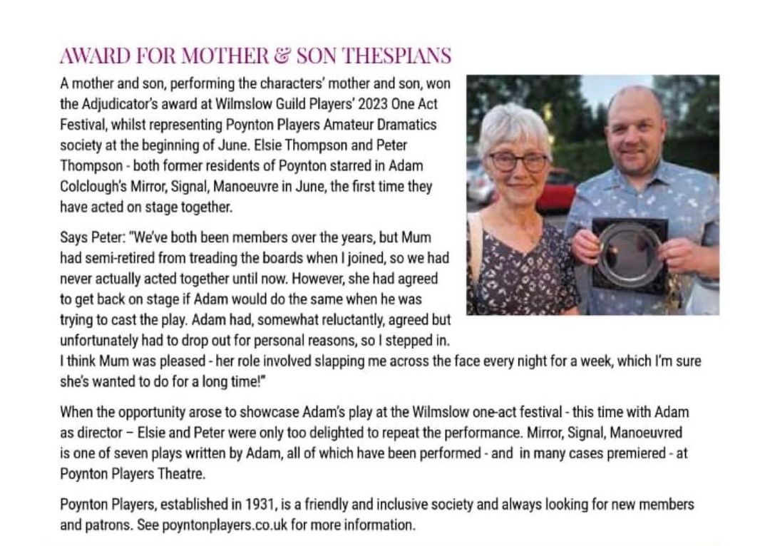 News Article about an award for mother and son thespians